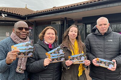 A group photo showing Cllr Jane Carr, Cllr Andy Carr, Cllr Tony Oyakhire, and parliamentary candidate Clare Tevlin