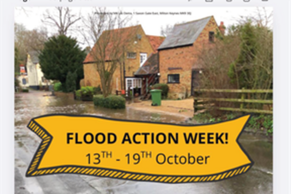 Houses with the text "Flood Action Week!" in front of them.
