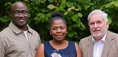 Photo of the Walton Ward Lib Dem Focus Team, left to right, Ben Adewale, Vicky Mensah and Duncan Banks