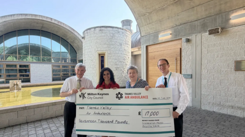 Pictured left to right: Cllr Sam Crooks, Cabinet Member for Regulatory Service, Nadia Cheddi, Corporate Partnerships and Engagement Officer, Thames Valley Air Ambulance, Angela Abbott, Bereavement Services Manager, Milton Keynes City Council (MKCC) and James Hazlewood, Bereavement Services Deputy Manager, MKCC.