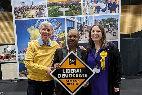 Uroy Clarke at the 2024 MK Council Election Count, with Sam Crooks and Kerrie Barratt